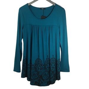 NWT Laksmi Teal Scoop Neck Stretch Tunic Floral Print Top Long Sleeves Small
